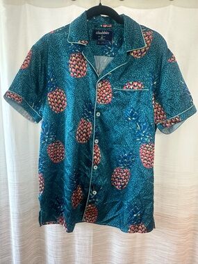 Chubbies Teal Pineapple Print Short-Sleeve Satin Sleep Shirt Size S